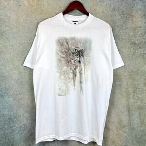 Vintage 90s Wolf Graphic T Shirt White Mens Sz Large Nature Animal Snow Wolves